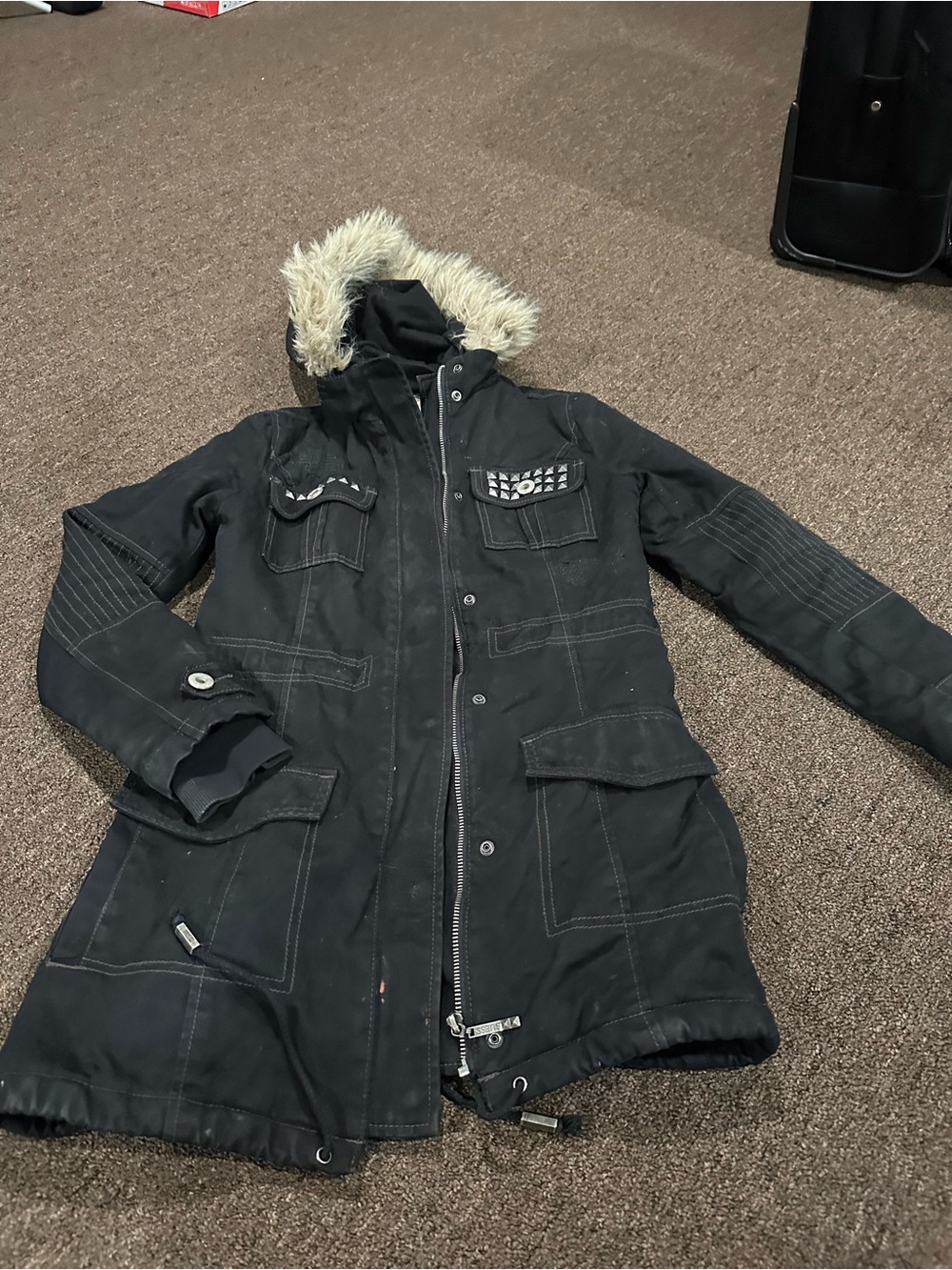 Guess Black Utility Parka with Faux-Fur Trim
